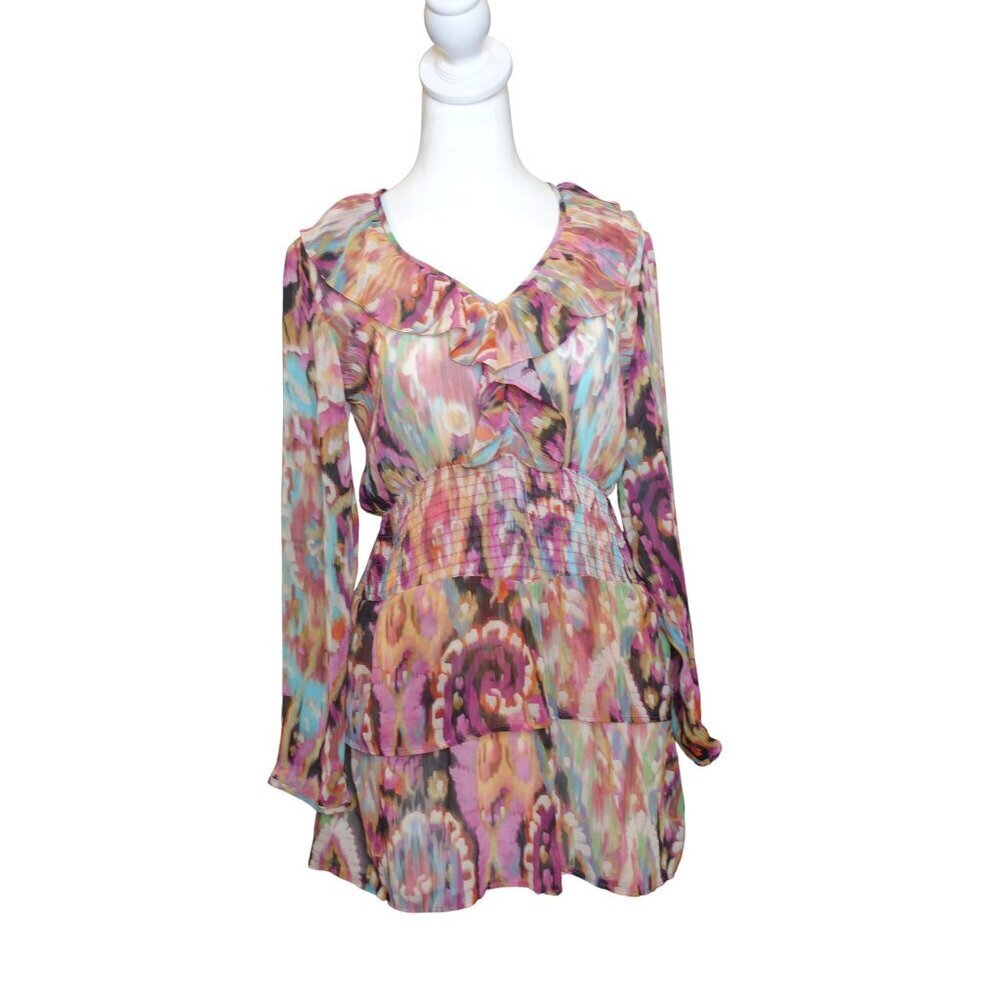 Zara Ruffle Ikat Print abstract tiered mini dress Women's size S NWT